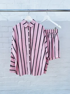 New Tiny Trove Adult Isla Stripe Cotton Set - Pink/Chocolate Stripe