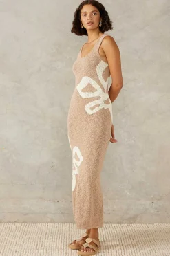 Clearance Mon Renn Bloom Knit Midi Dress - Mink Grey & Lemon