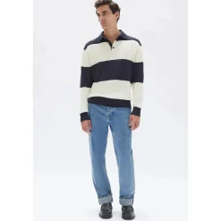 Sale Assembly Label Carter Cotton Long Sleeve Knit Polo - True Navy / Cream
