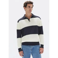 Sale Assembly Label Carter Cotton Long Sleeve Knit Polo - True Navy / Cream