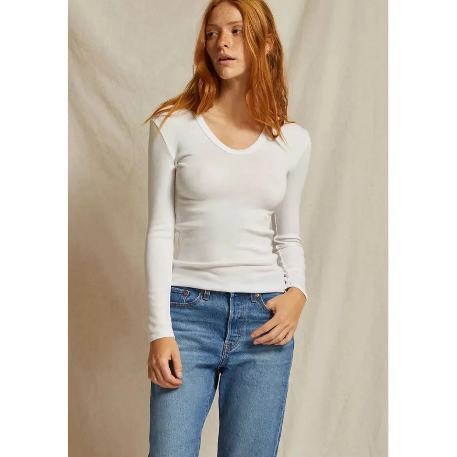 Perfect White Tee Robyn U Neck Rib Long Sleeve