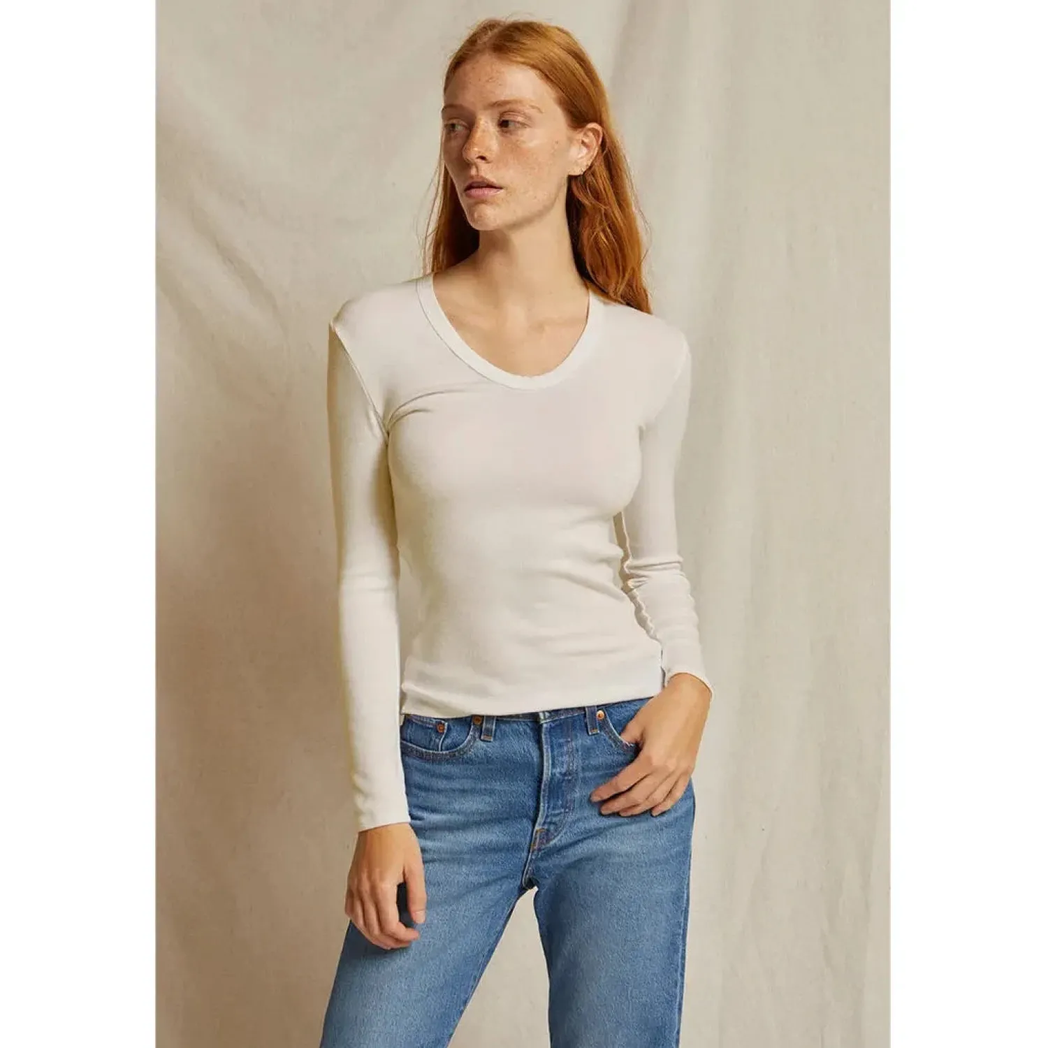 Perfect White Tee Robyn U Neck Rib Long Sleeve
