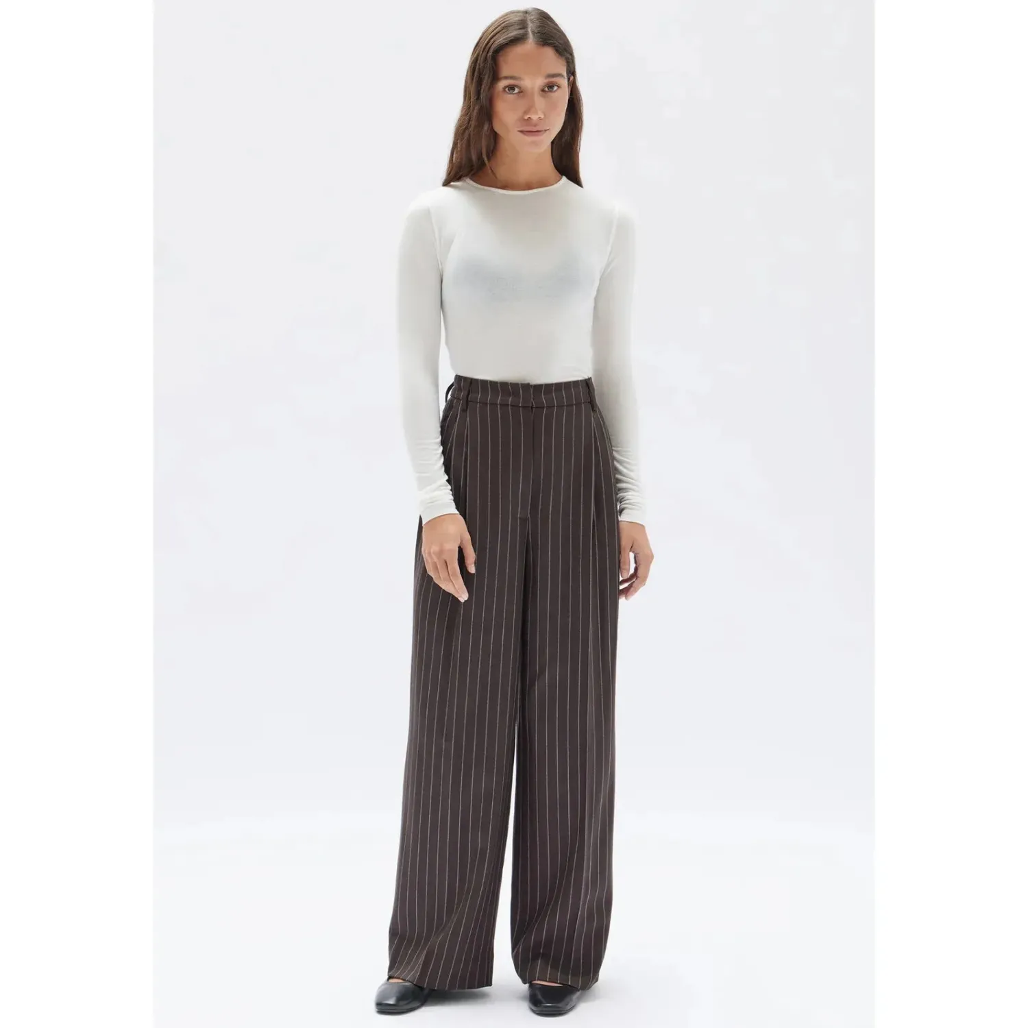 Online Assembly Label Sofia Wool Pinstripe Pant - Chestnut Stripe