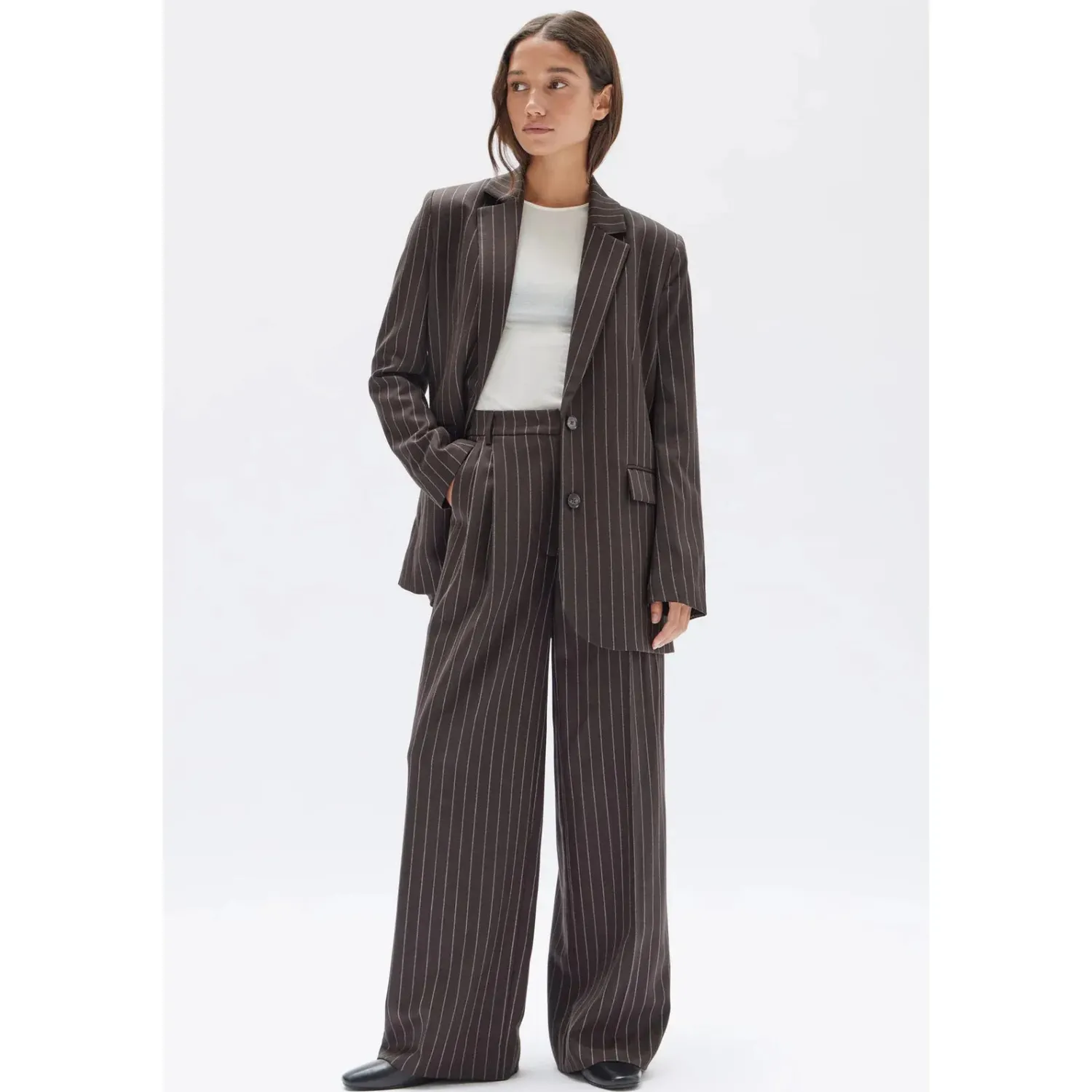 Online Assembly Label Sofia Wool Pinstripe Pant - Chestnut Stripe