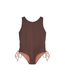 Clearance Summer Sun Label Tie Side Swimsuit - Chocolate With Honey Glow Tie Sides