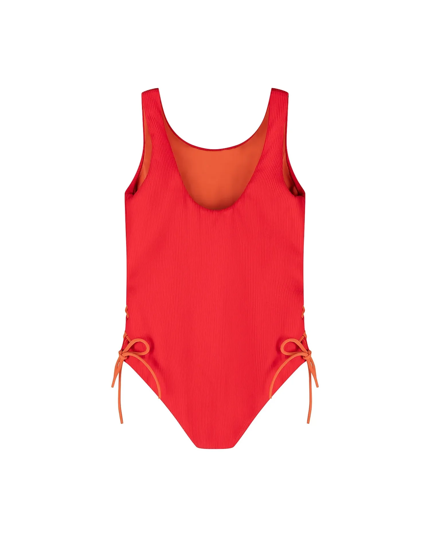 New Summer Sun Label Tie Side Swimsuit - Red With Burnt Orange Tie Sides
