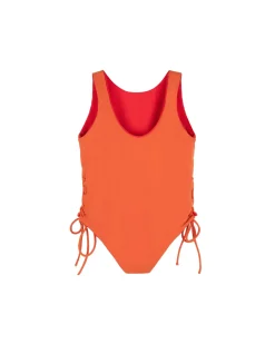 New Summer Sun Label Tie Side Swimsuit - Red With Burnt Orange Tie Sides