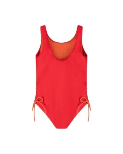 New Summer Sun Label Tie Side Swimsuit - Red With Burnt Orange Tie Sides