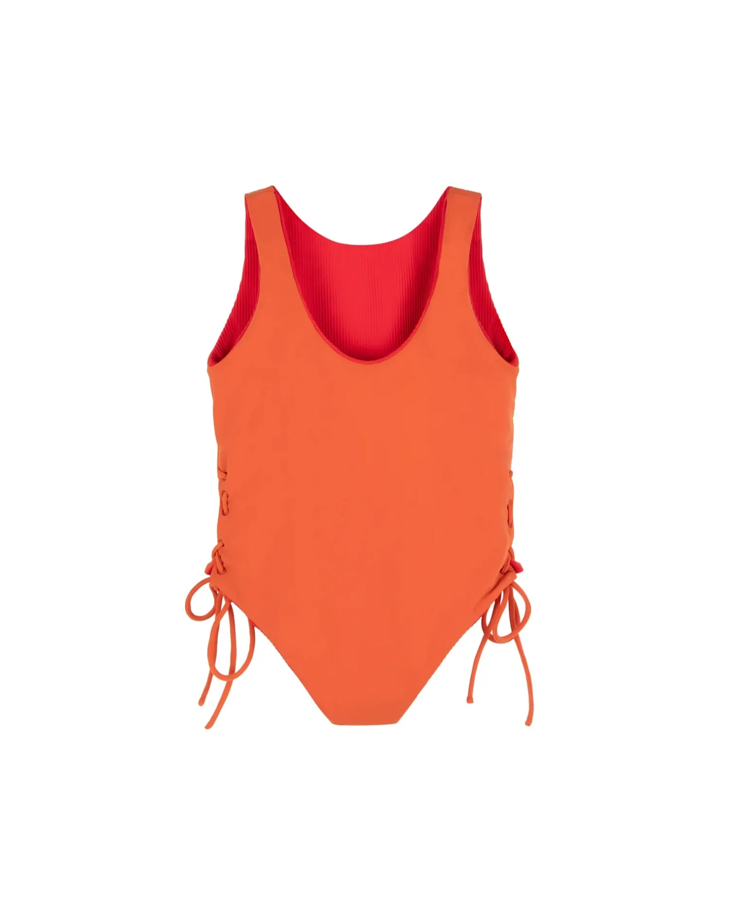 New Summer Sun Label Tie Side Swimsuit - Red With Burnt Orange Tie Sides